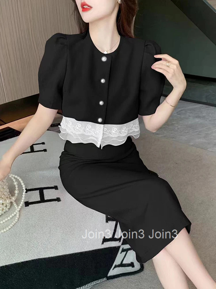 Fashion Summer Formal 2 Pieces Outfits Elegant Women Short Sleeve Cropped Tops Shirt Blouse High Waist Midi Skirt Mujer Slim Set