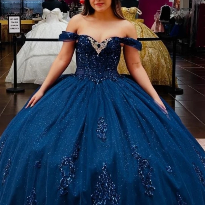 Navy Blue Shiny Princess Ball Gown Quinceanera Dresses Sequin Applique Lace Beading Crystal Tull Sweet 16 Dress Vestidos De 15 Anos