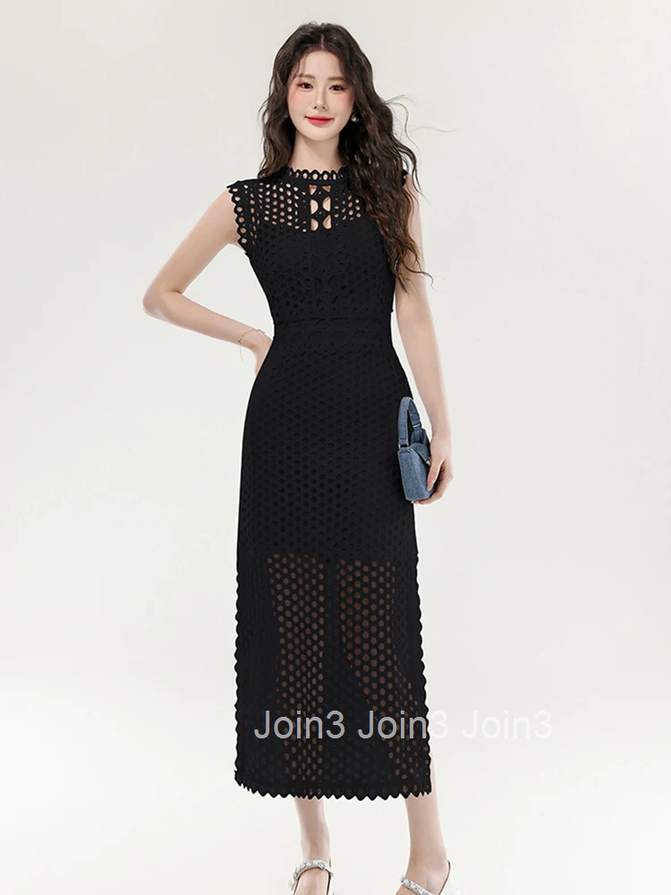 Women Clothes Casual Solid Outfit Elegant Sexy Hollow Sleeveless Slim Midi Dresses And Sling Skinny Mini Dress Mujer 2 Piece Set