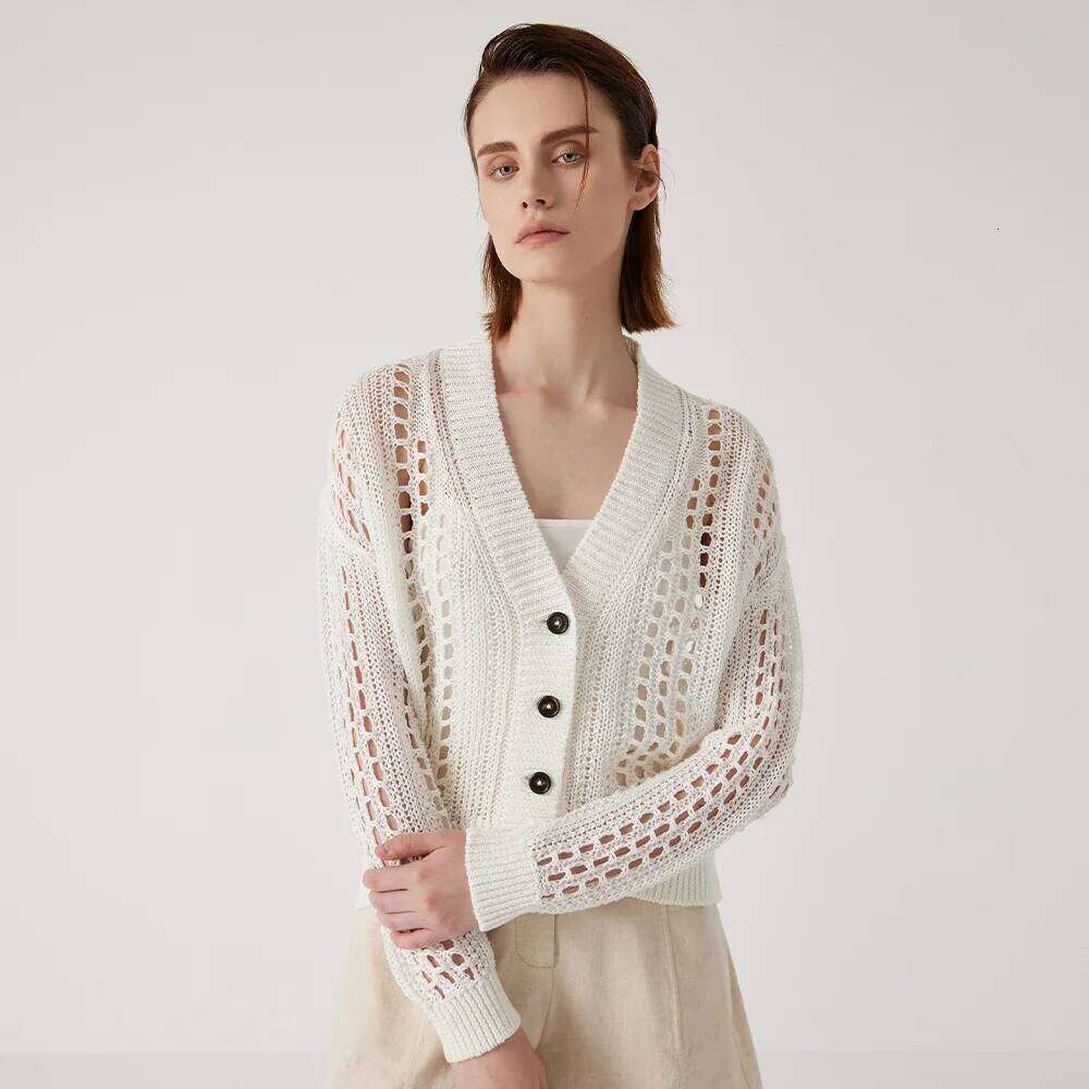 Bc1121 High-Quality Women's 100% Linen Cardigan Sweater Ladies Summer Hollow Mesh Clothes