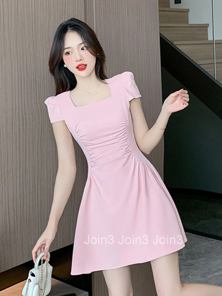 Summer Short Dress Women Clothing Elegant Pretty Formal Sweet Pink Black Chic Short Sleeve Slim Folds Mini Party Mujer Vestidos