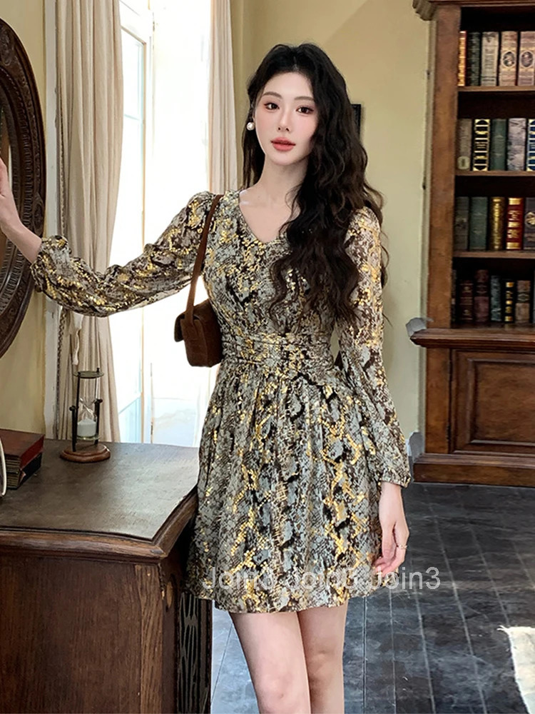 French Fashionable Mini Dress Women Vintage Print Long Sleeve Pleated Ball Gown Lady Coffee Break Street Vestido Holiday Clothes