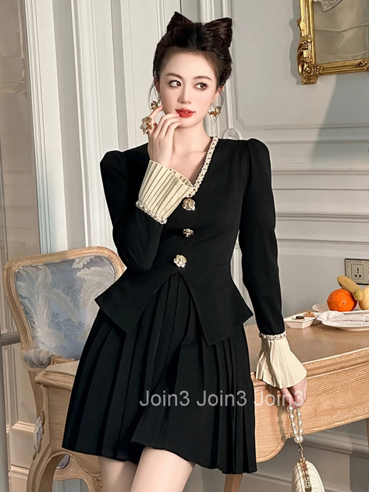 Women Clothes Formal Occasion Black Fake 2-Piece V-Neck Slim Pleated Mini Short Dress Elegant Fashion Party Vestido Casual Sweet