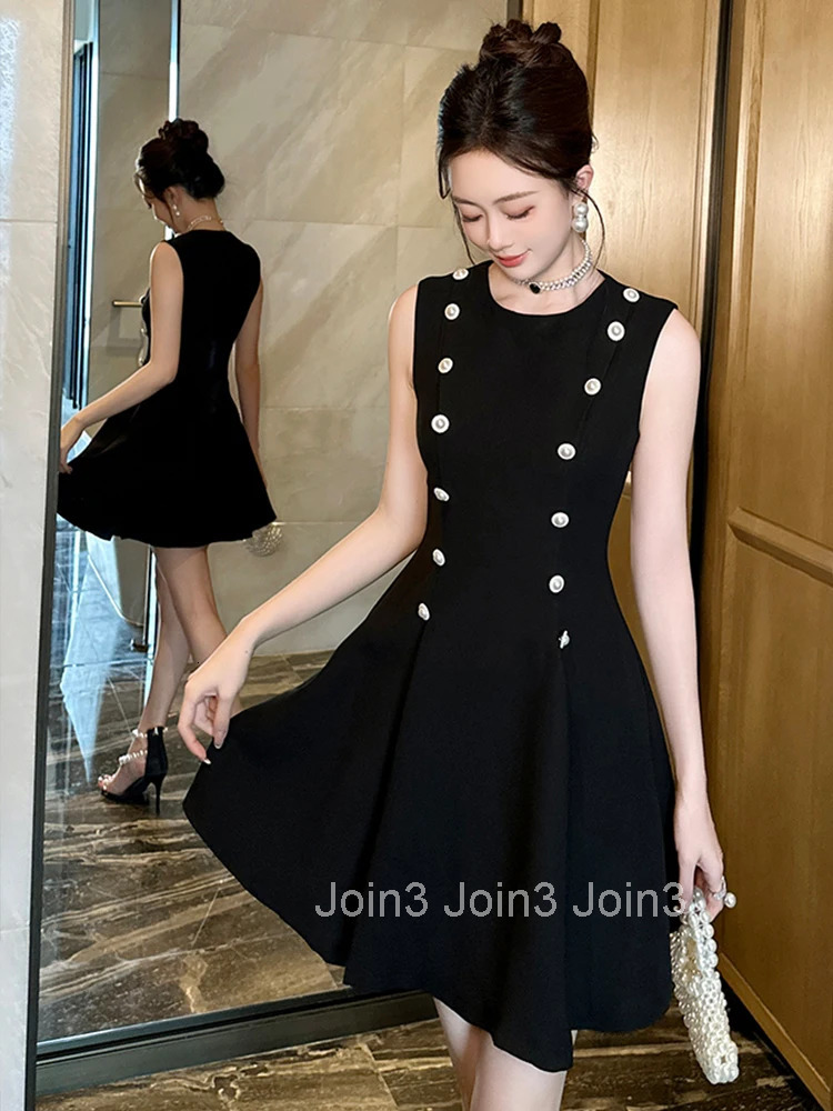 Women Clothes Commute Retro Black O-Neck Sleeveless Slim Mini Short A-Line Dress Elegant Vestidos Formal Occasion Casual Summer