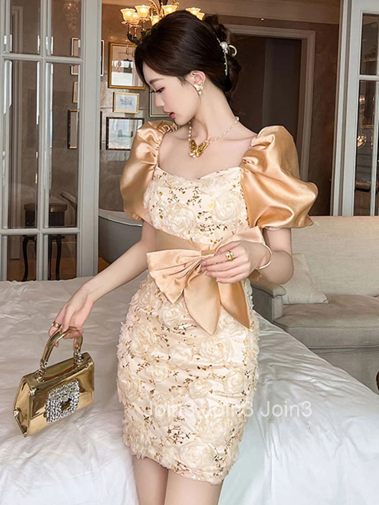 New Summer Fashion Sparkly Gold Evening Short Dress Women Clothes Sweet Floral Sexy Square Collar Slim Party Prom Vestido Fiesta