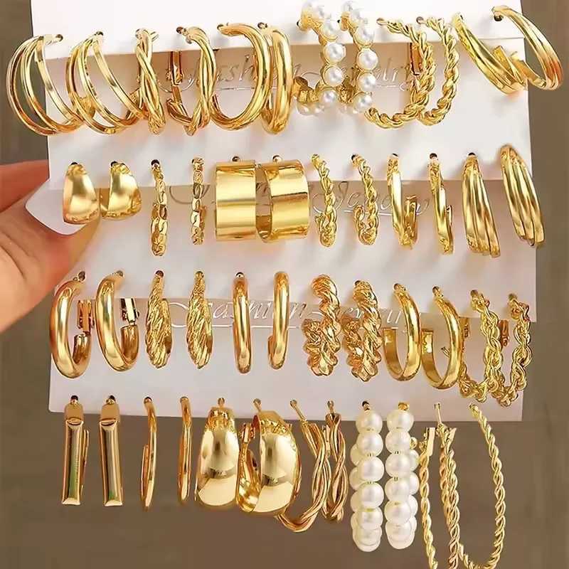 6/24 Pairs Gold Color Vintage Hoop Earrings Set for Women Girl Imitation Pearl Geometric Metal Twist Earring Fashion Jewelry XJ250623