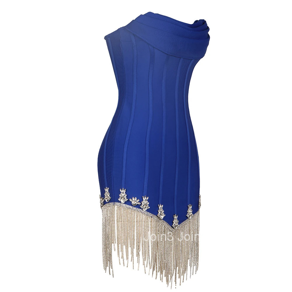 New Women Sexy Strapless Backless Short Bodycon Bandage Dress Silver Jewelry Tassel Chain Elegant Evening Party Red Carpet Gown