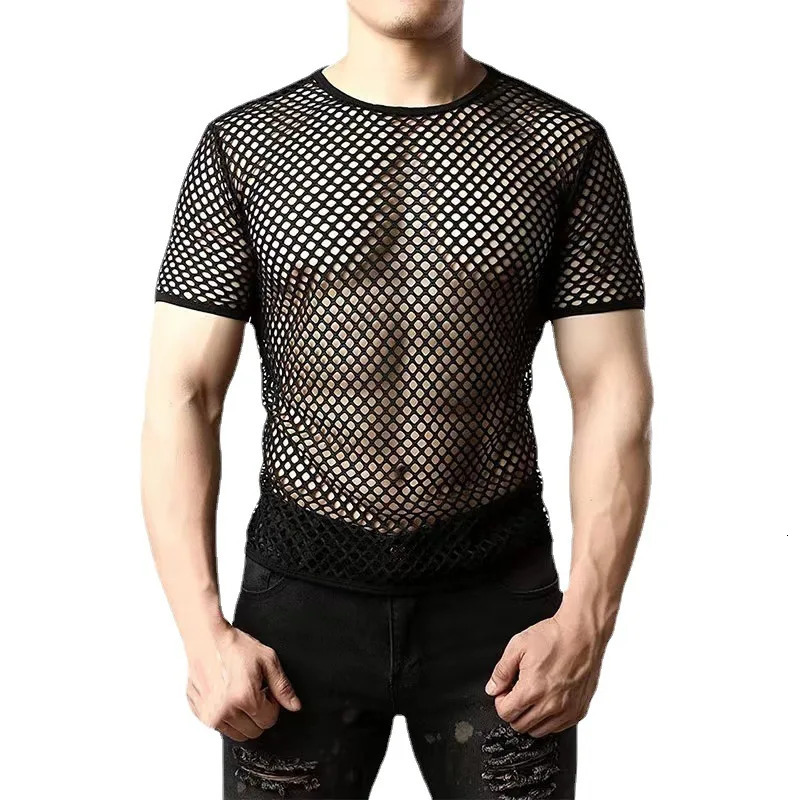 Style Male Personality Hollow-out Jacket Fishnet Mesh Perspective Short-sleeved T-shirt Men Nightclub Dancers Sexy Costume Men 250616