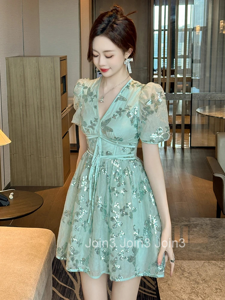 Summer Sparkly Sequin Vacation Gown Evening Dress Women Clothes Sweet Puff Sleeve A-Line Mini Short Party Prom Vestidos Fiesta
