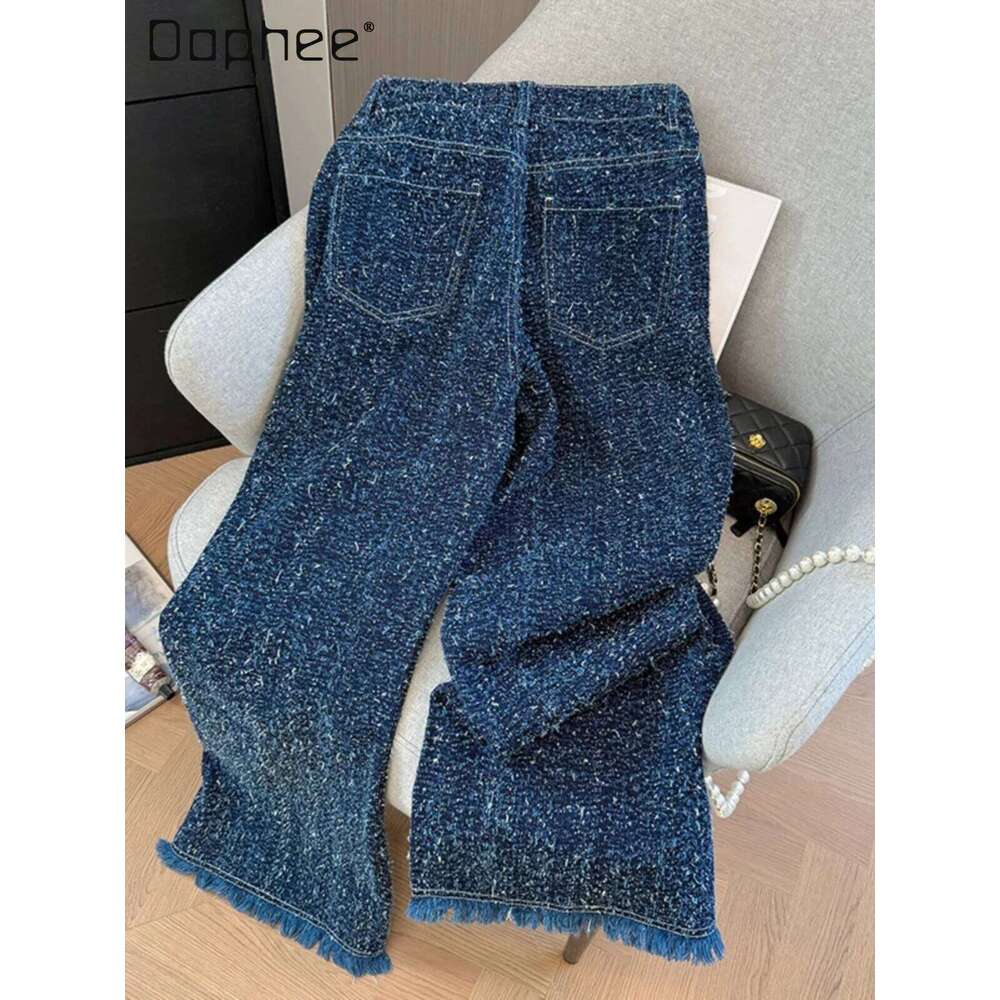 Hong Kong Style Spring Autumn OL High-End Tweed High-Waisted Pearl Rhinestone Pocket Straight Jeans Korean Chic Wide Leg Pants
