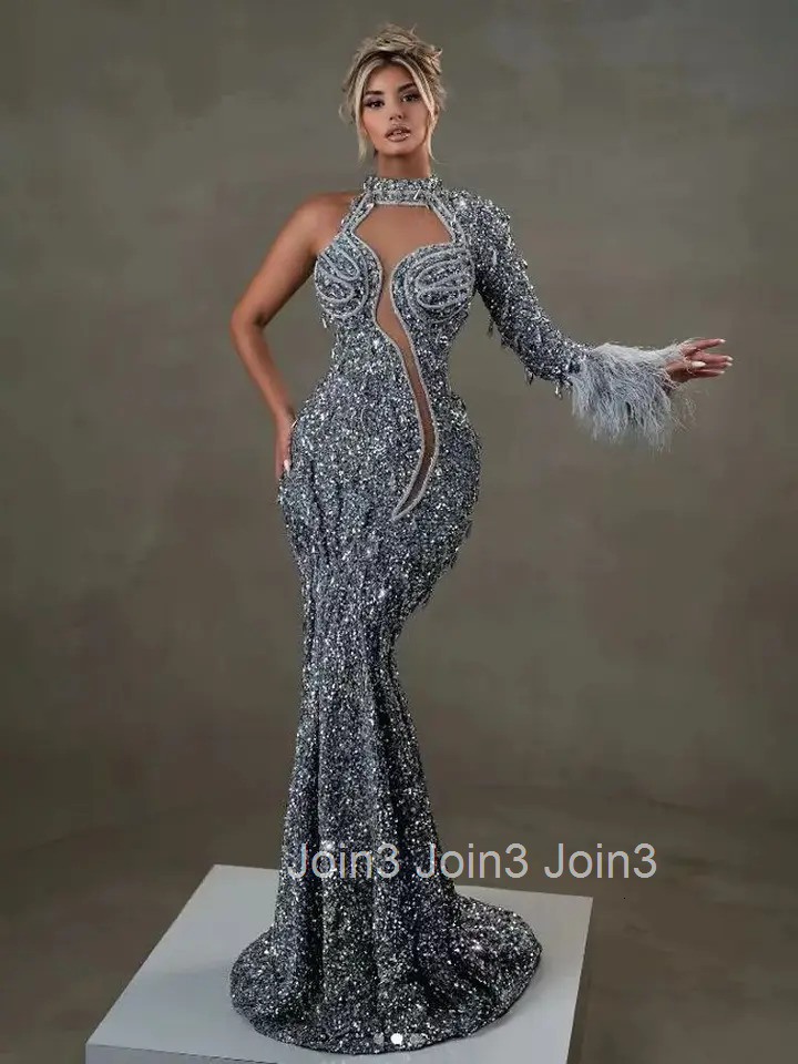 Womens Silver Sequin Bandage Dress One Shoulder Fringe Sleeve Embroidered Mermaid Gown Feather Trim Evening Party Dress