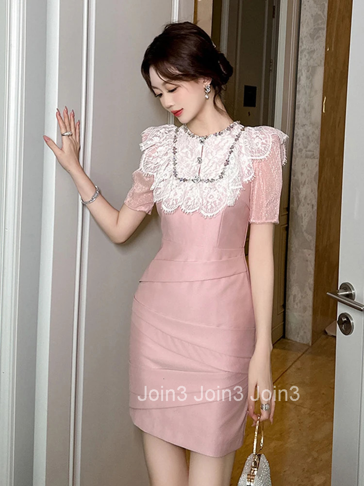 New Summer Fashion Pink Sweet Elegant Luxury Evening Dress Women Clothes Lace Splic Short Sleeve Slim Party Prom Vestidos Fiesta