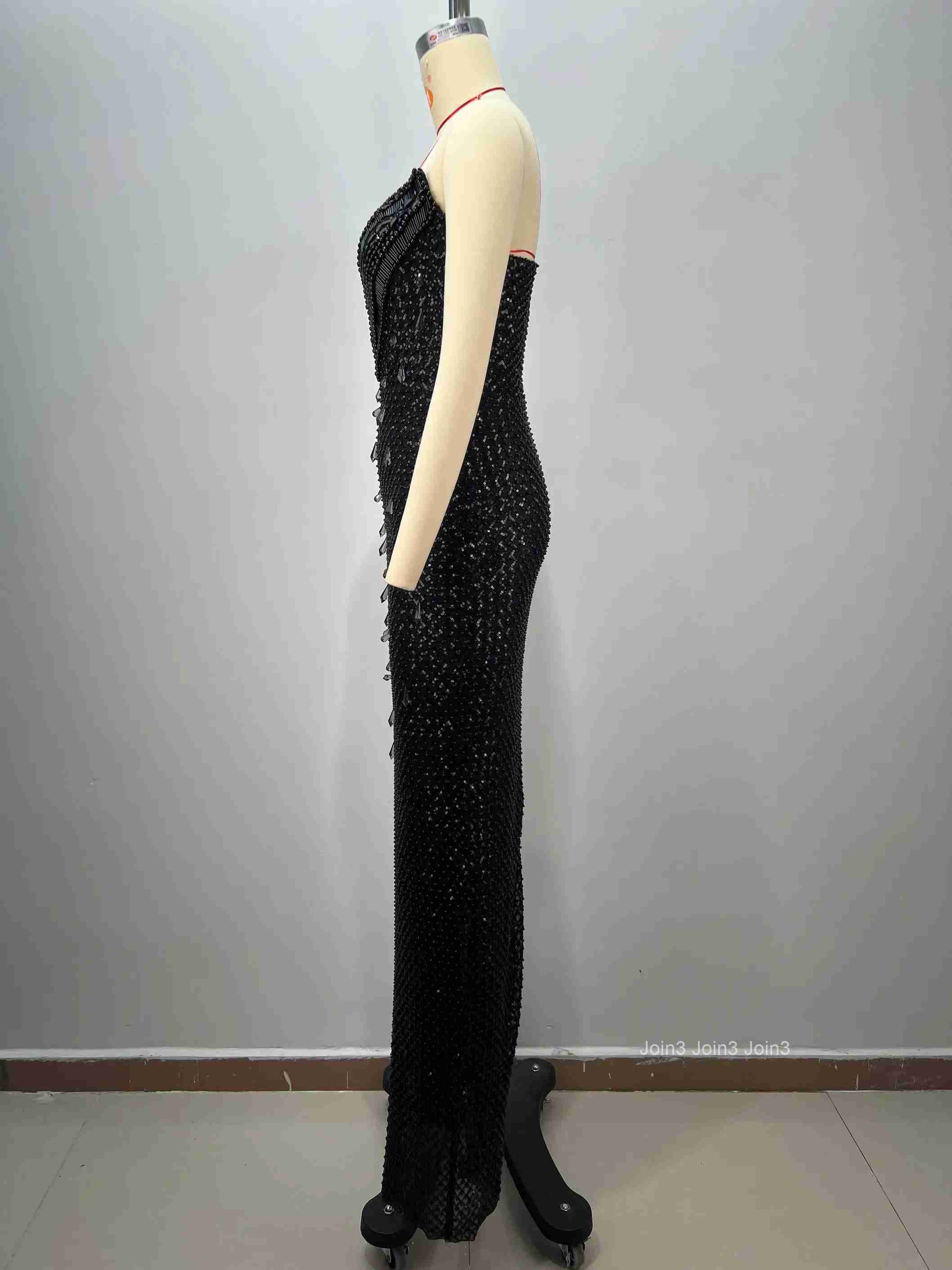Womens Black Bandage Dress Sequin Glitter Strapless Bodycon Evening Gown with V Neck Beading Mermaid Hem