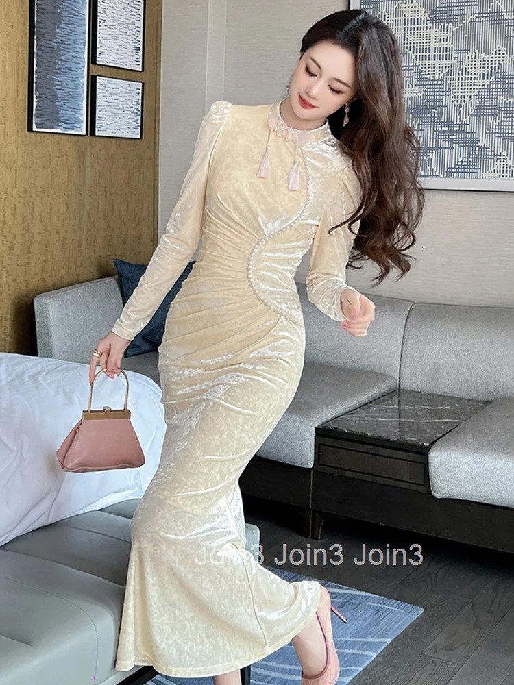 Women Clothes Retro Velvet Pearl Stand Neck Skinny Folds Midi Fishtail Dress Elegant Party Vestido Robe Autumn Winter Casual New