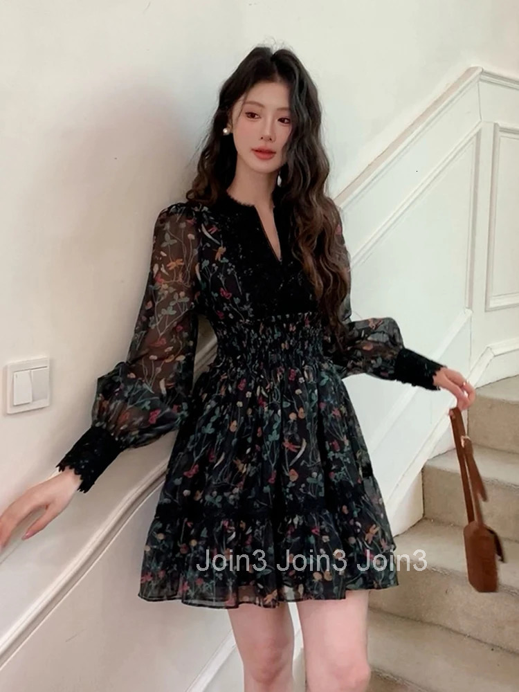 French Style Fashionable Retro Dress Women Cute Print Lace High Waist Ball Gown Lady Coffee Break Street Vestido Holiday Clothes