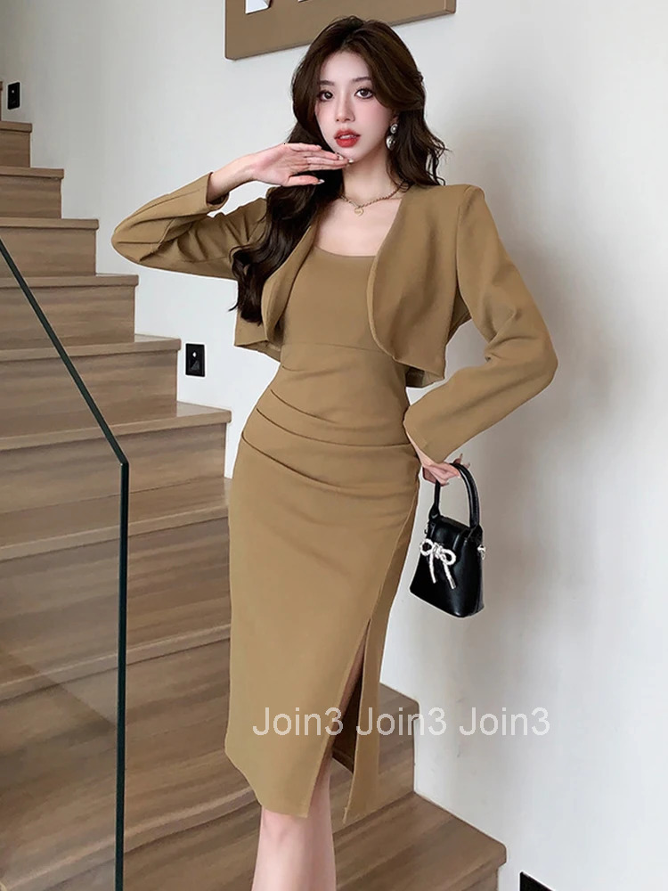 New Spring Autumn 2 Pieces Outfit Suits Women Ladies Clothes Elegant Short Jacket Coat Blazer And Strap Slim Midi Robe Dress Set