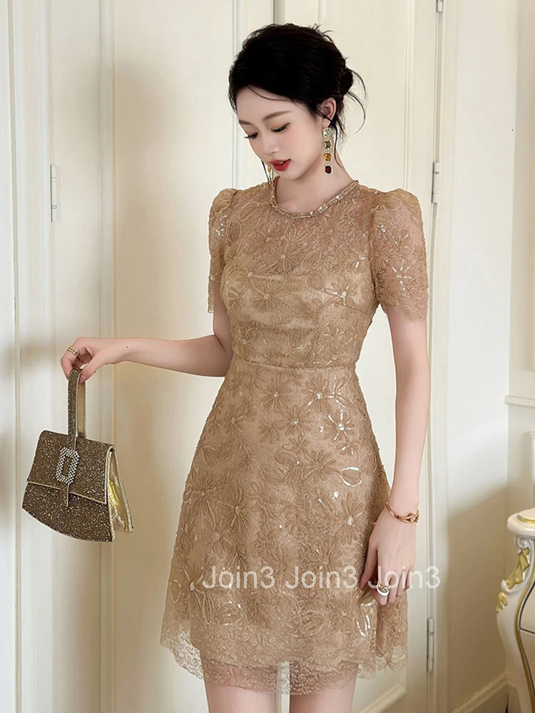 Elegant Vintage Lace Sequin Summer Fashion A-Line Short Dress Women Clothing Sweet O-Neck Slim Mini Party Prom Vestidos Fiesta