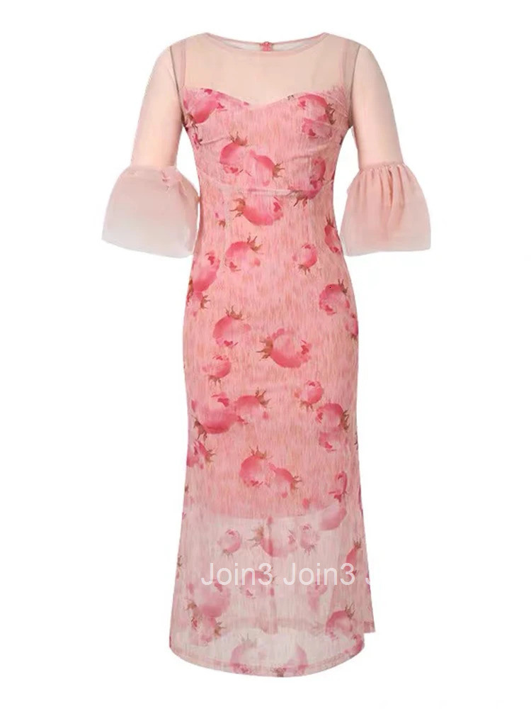 Summer Fashion Mesh Pink Floral Print Vacation Evening Dress Women Clothes Elegant Sweet Sheer Sexy O-Neck Skinny Party Vestidos