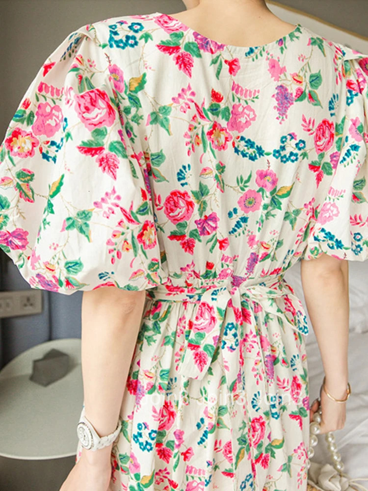 Korean Summer Elegant Women Long Dress Mujer Floral Print Puff Sleeve Maxi Dresses Party Beach Ladies Streetwear Robe Vestidos