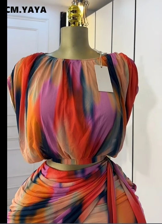 CMYAYA Tie Dye Printed Womens Set Ruched Short Sleeve TShirt Tops and Stacked Mini Skirts Suit 2025 Two 2 Piece Sets Outfit 250616