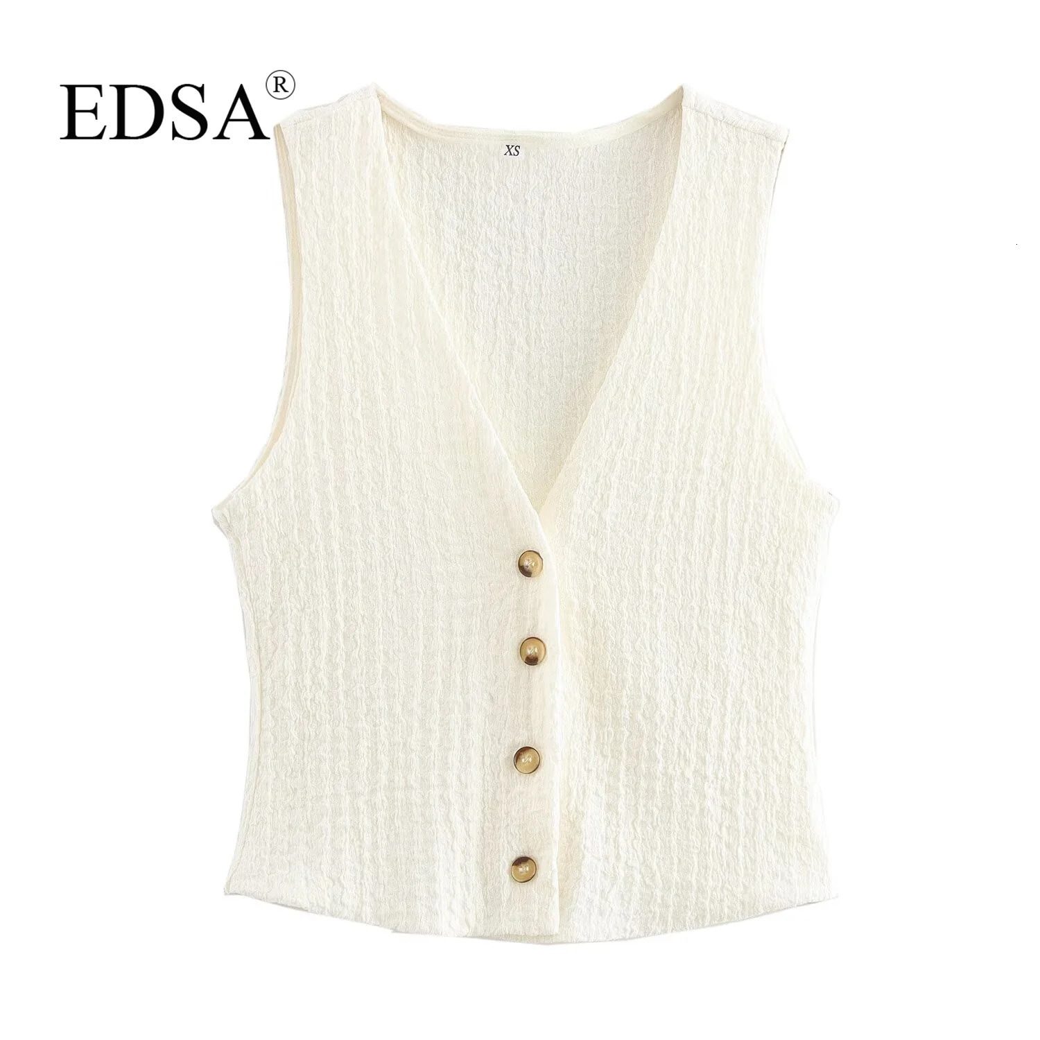 EDSA Women 2 Pcs Set VNeck Single Breasted Solid Texture Casual Vest TopHighWaisted Drawstring Wide Leg Pants 250614
