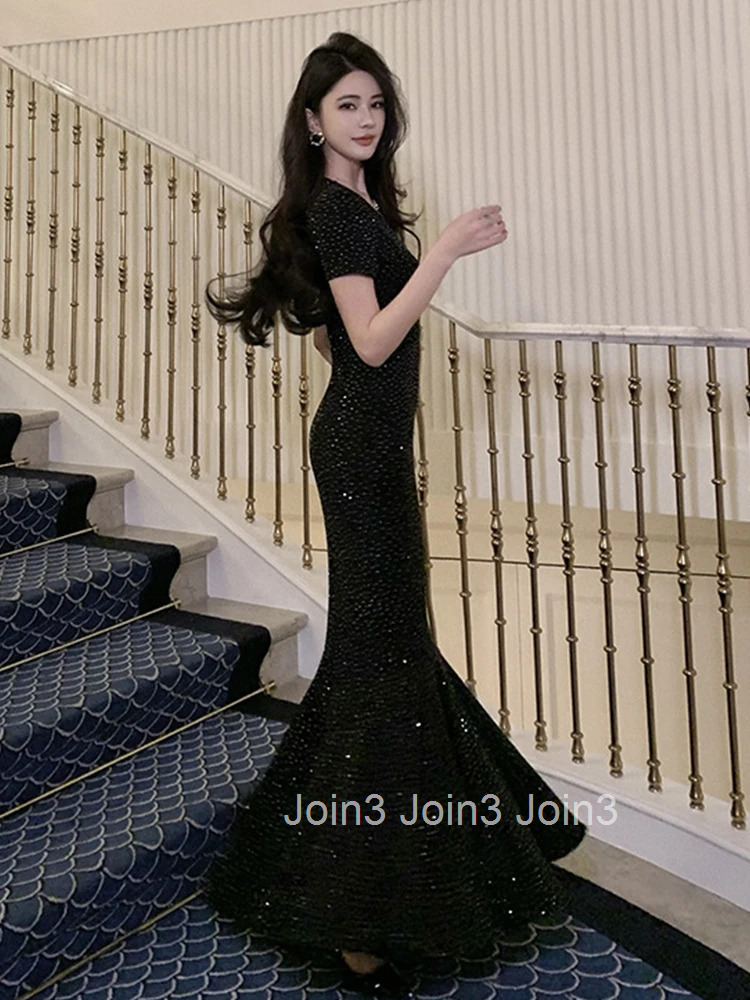 Women Clothes Black Sparkly O-Neck Short Sleeve Skinny Maxi Long Dress Elegant Luxury Fashion Party Prom Vestidos Robe Fashion