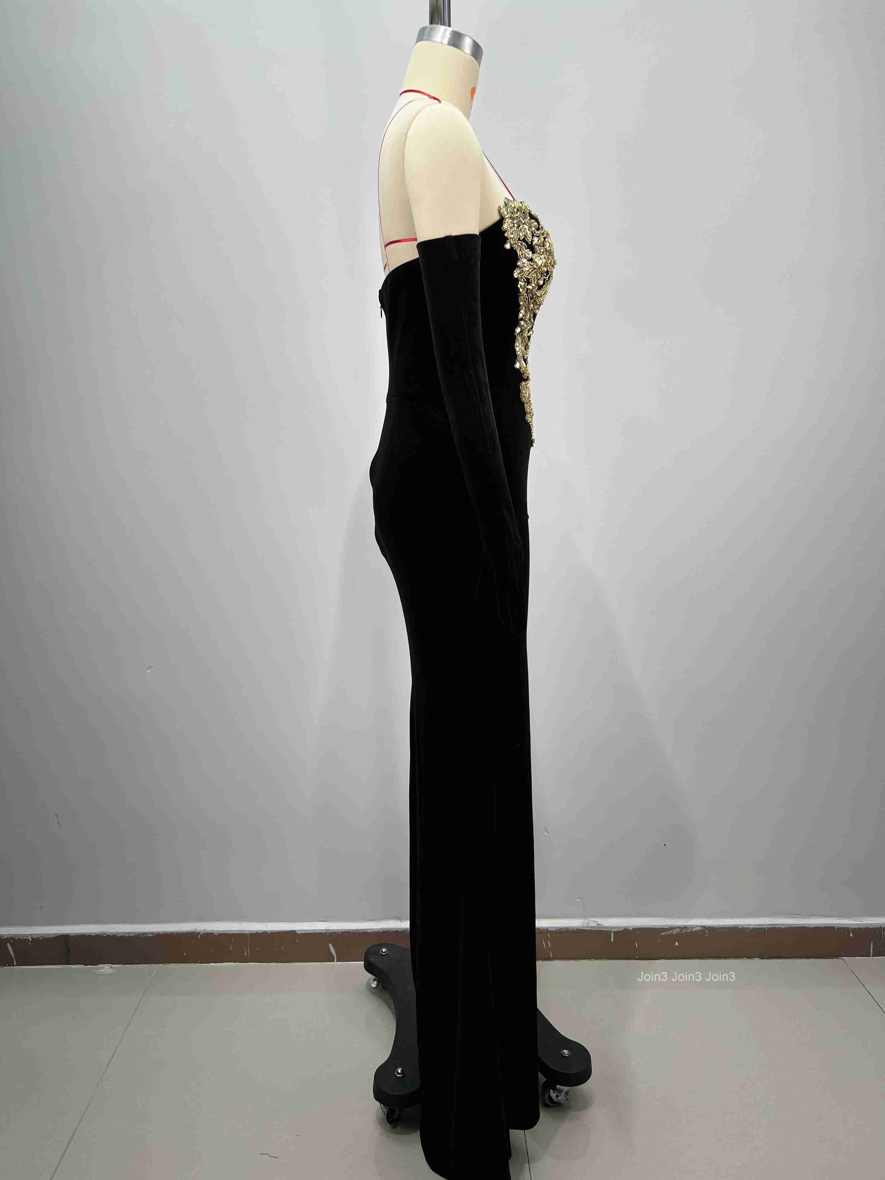 Womens Black Velvet Bandage Dress Gold Embroidered Strapless Backless Mermaid Gown Fishtail Evening Party Dress