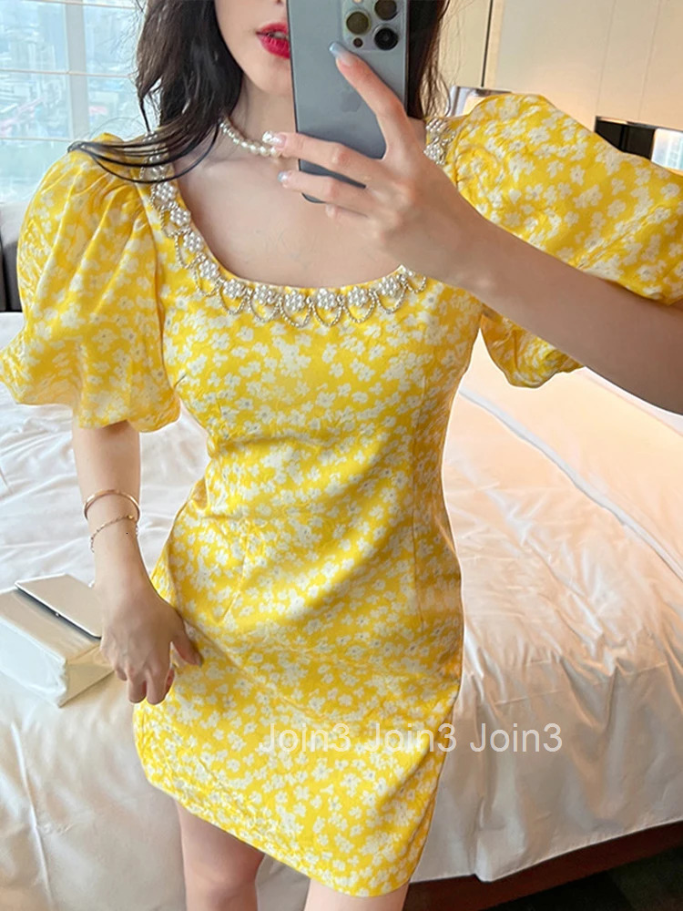 New Luxury Women Evening Dress Vintage Sweet Floral Square Collar Slim Mini Party Club Prom Birthday Femme Mujer Vestidos Fiesta