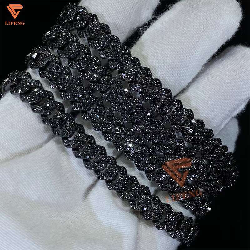 Hot Selling Black Diamond Cuban Chain 8mm 2 Rows 925 Silver Black Gold Plated Iced Out Chain Moissanite Cuban Link Chain