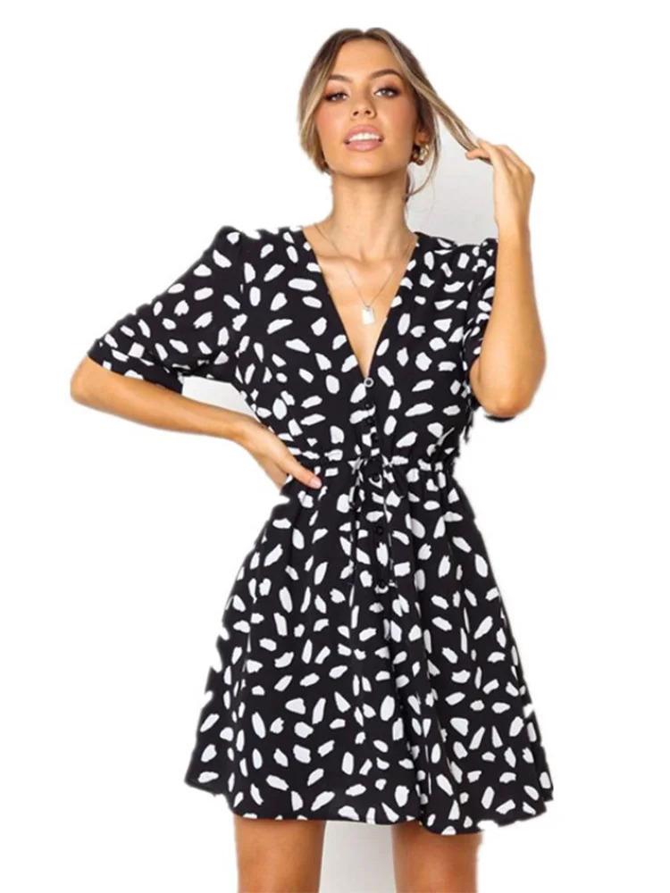 White Sand Spot Mini Summer Women V Neck Casual Beach Sundress Sexy Botton Wrap Bodycon Dress Female 250614