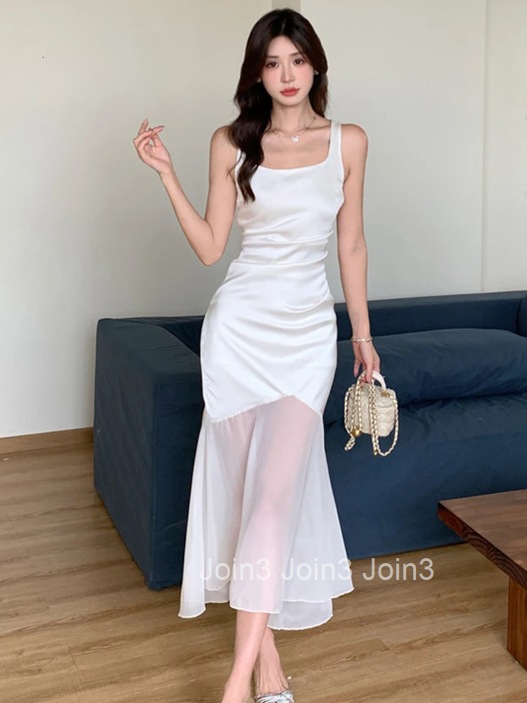 Women Vacation Clothes Satin Sheer Sexy Tank Slim Midi Evening Dress Elegant Ladies Fashion Party Prom Vestido Sweet Long Summer