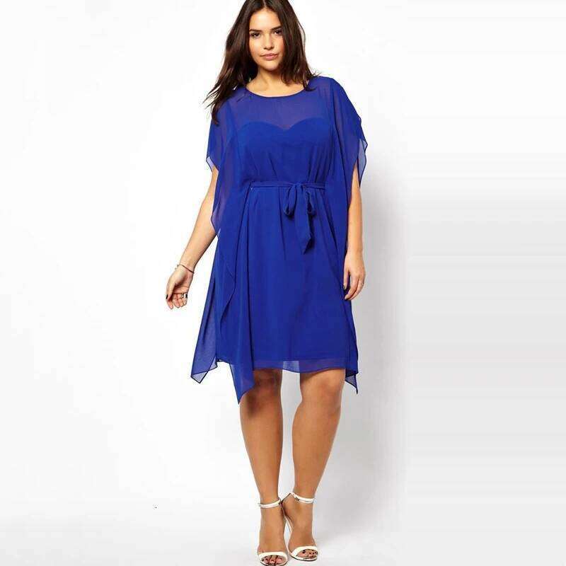 Plus Batwing Sleeve Elegant Summer Chiffon Women Sashes Blue Party Female Large Size Loose Formal Office Dress