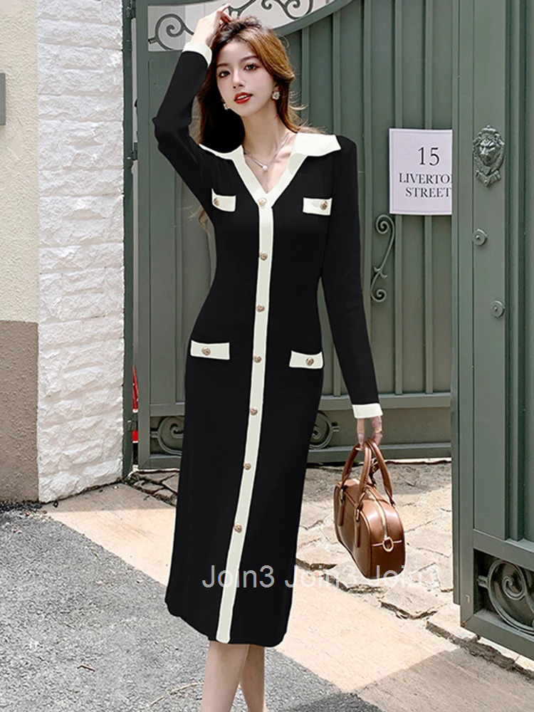 New Autumn Winter Knitted Stretchy Dress Women Elegant Lady Sweater Casual V-Neck Skinny Midi Robe Mujer Vestidos Street Clothes