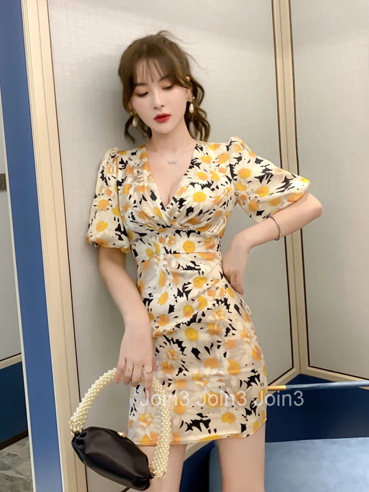 New Arrival Comfortable Slim Print Formal Dress Temperamental Vintage Elegant Work Style Cute Sexy V-neck Mini Pencil Dress