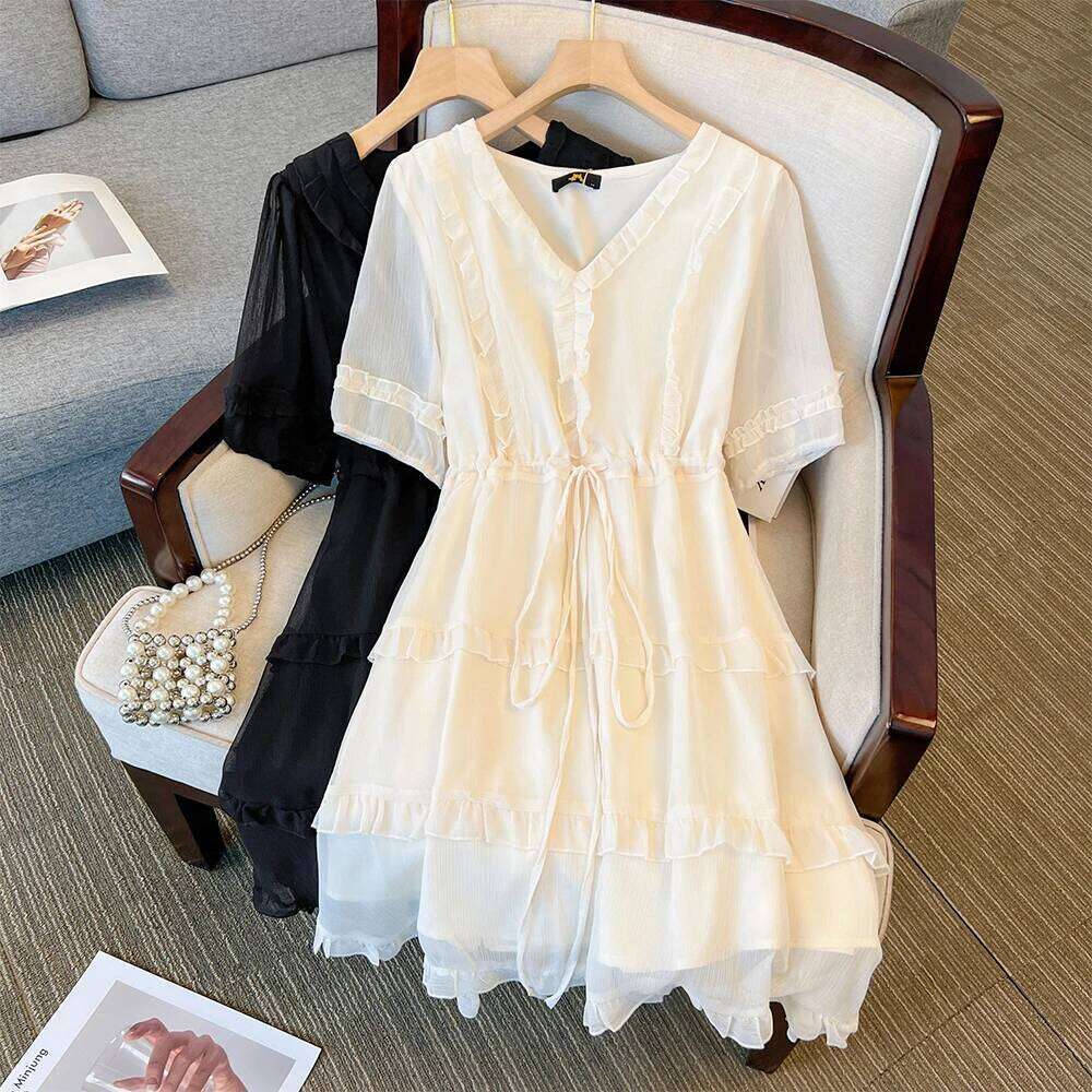 Plus-Size Women's Summer Casual Commuting Loose And Comfortable Black Apricot V-Neck Lace-Up Short-Sleeved Dress Clothes