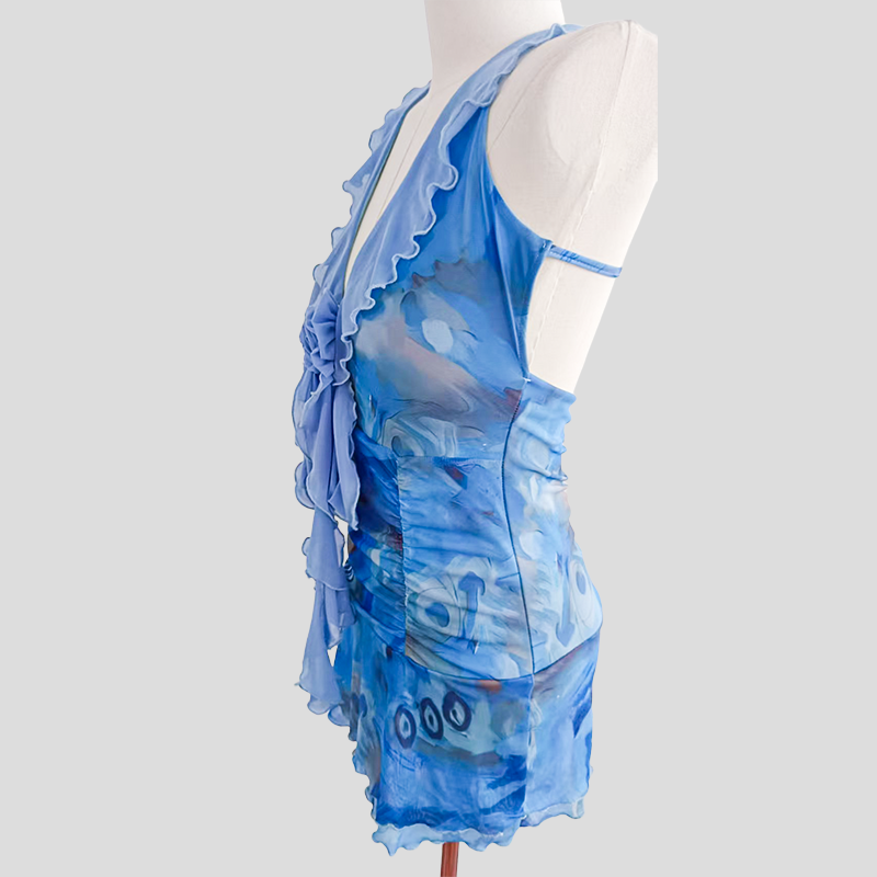 Blue Floral Print Dress with Ruffled V - neck and Chiffon Flower, Women's Party Style