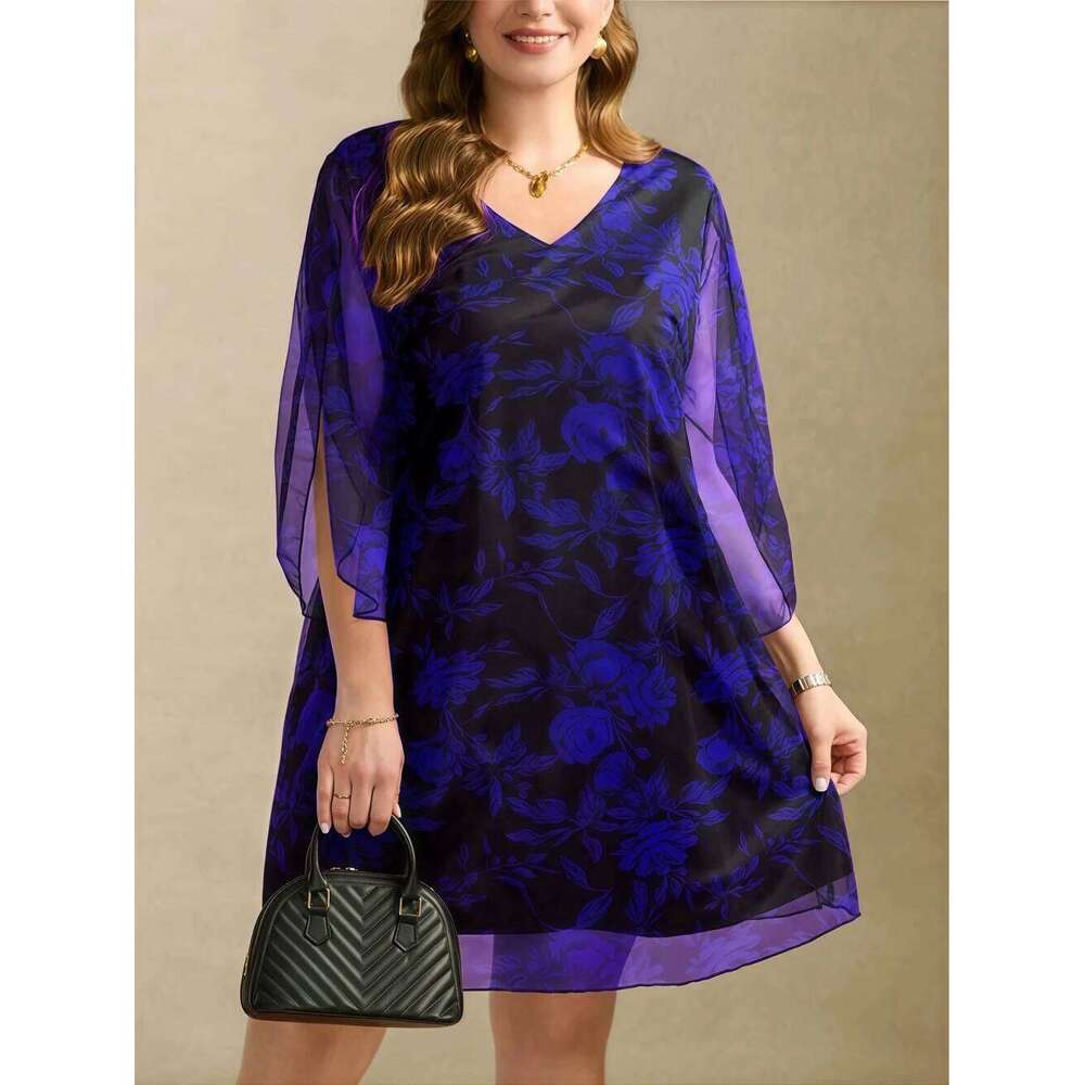 Boho Floral Print Maxi - Layered Mesh V-Neck Plus Size Women's Dress