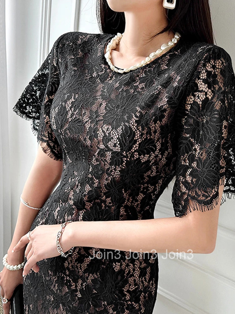 Fashion Summer Lace Dress Women Elegant Ladies Solid O-Neck Short Sleeve Slim Wrap Hip Midi Party Mujer Vestidos Street Clothes