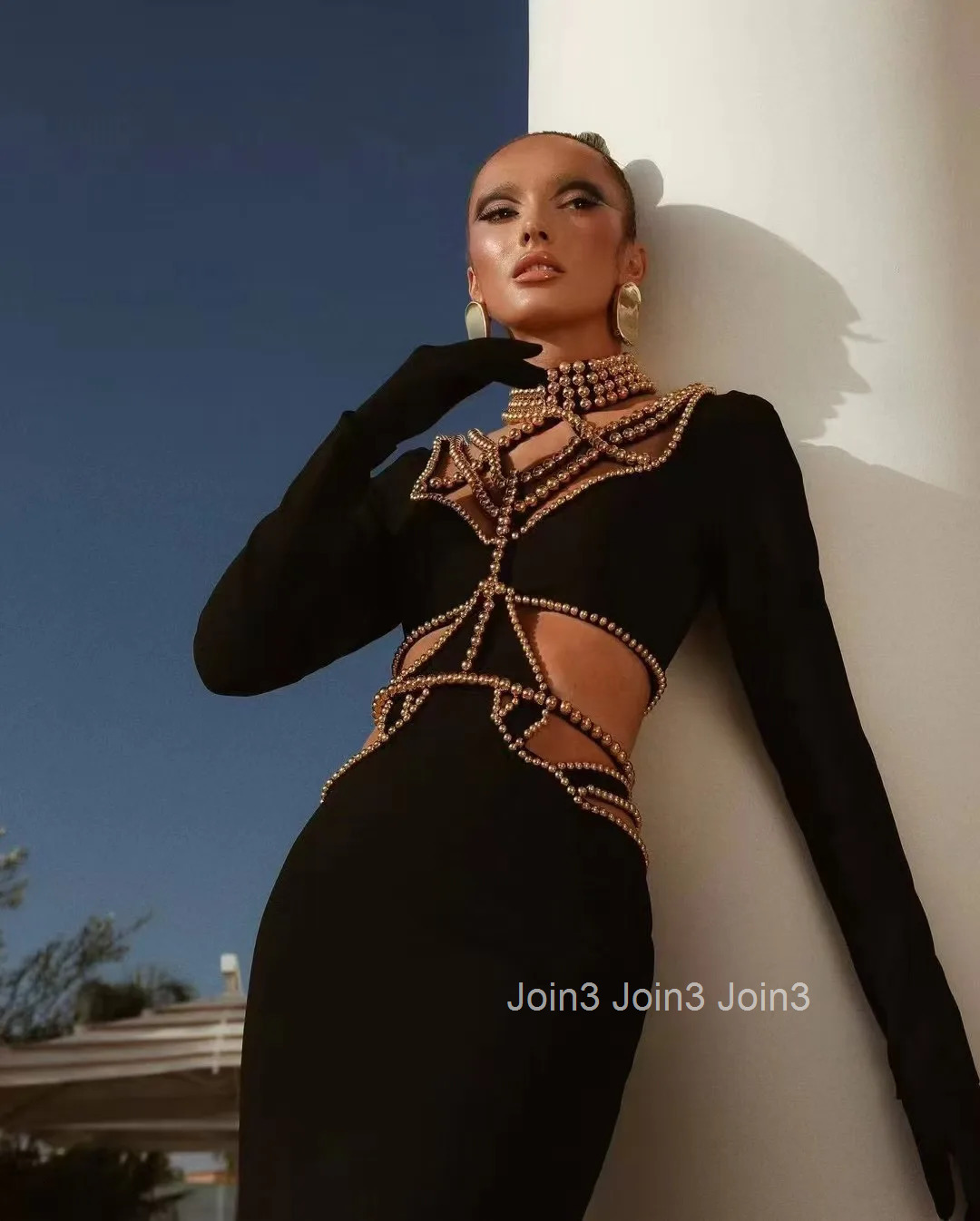 Women Evening Party Gown Black Long Sleeves Bandage Gown Sexy Hollow Waistless Fashion Embroidered Flare Half-high Neck Dress