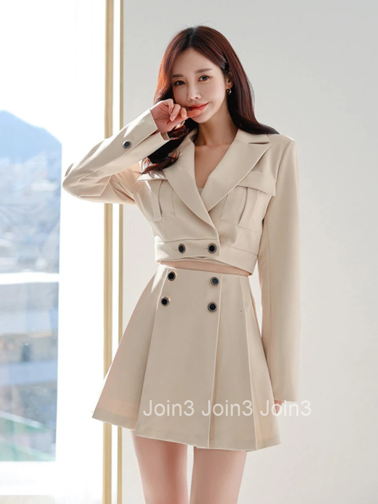 Spring Autumn 2 Pieces Outfits Suits Women Formal Short Cropped Tops Coat Blazer Suit High Waist Mini Skirt Street Clothes Set