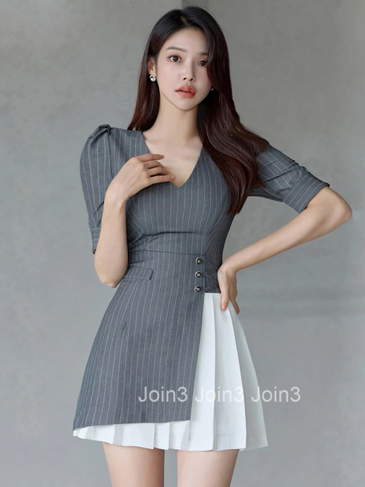 Fashion Vintage Work Style Formal Striped Asymmetrical Short Dress Women Clothes Elegant Office Puff Sleeve Slim Mini Vestidos