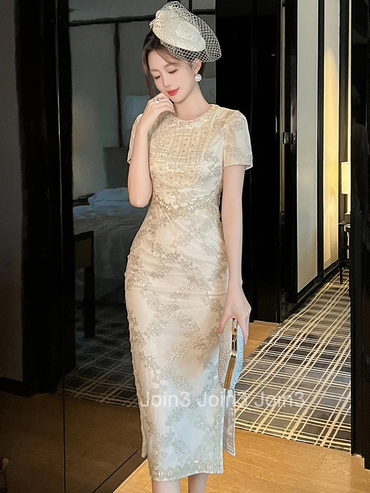 New Summer Fashion Lace Embroidery Evening Dress Women Clothes Casual Elegant O-Neck Short Sleeve Slim Midi Party Prom Vestidos