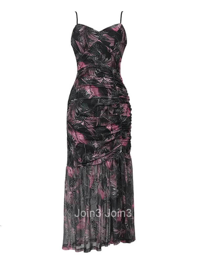 Summer Vintage Boho Print Vacation Beach Dress Women Clothes Elegant Sexy Strap Bodycon Folds Midi Party Birthday Vestidos Robe