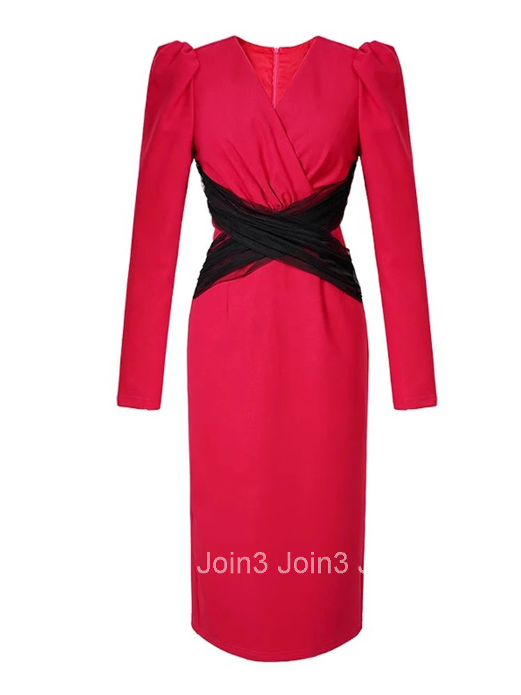 New Autumn Formal Occasion Long Dress Elegant Pretty Women Clothing Mujer Ladies Commute Cross V-Neck Slim Pencil Robe Vestidos