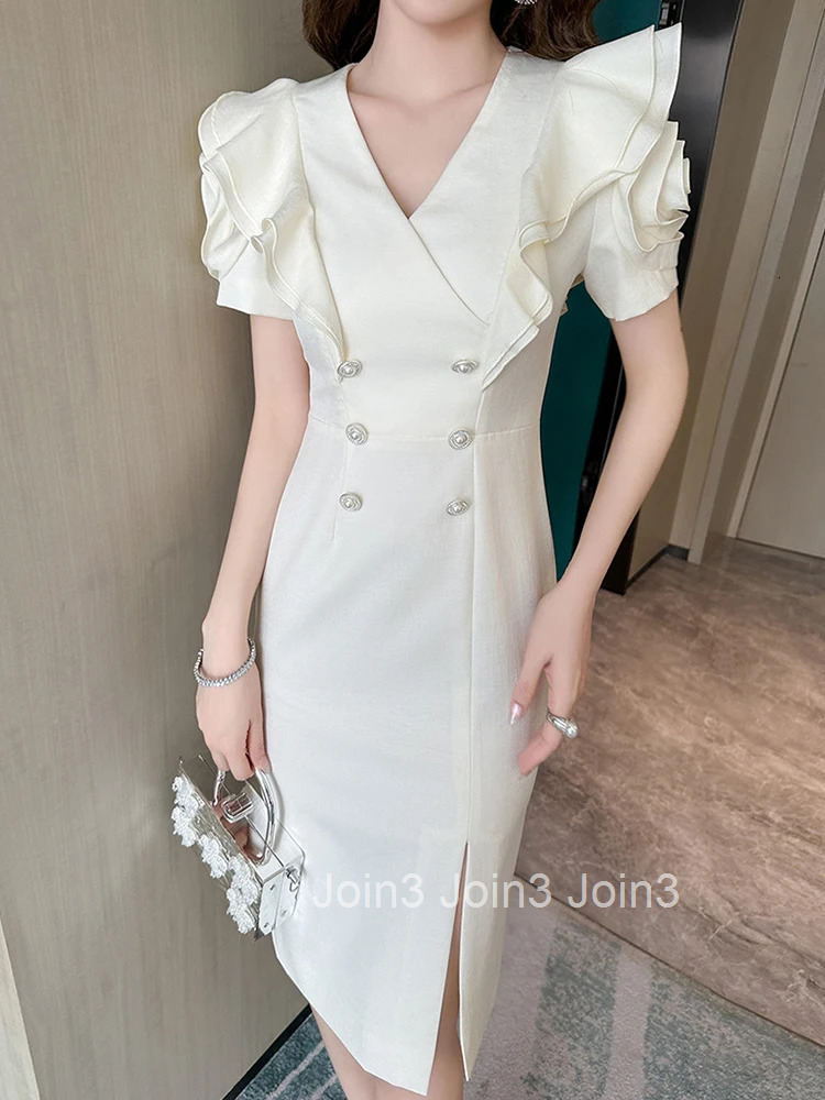 New Summer Fashion Elegant Office Formal Occasion Pencil Dress Women Clothes Commute Ruffle Puff Sleeve V-Neck Slim Midi Vestido