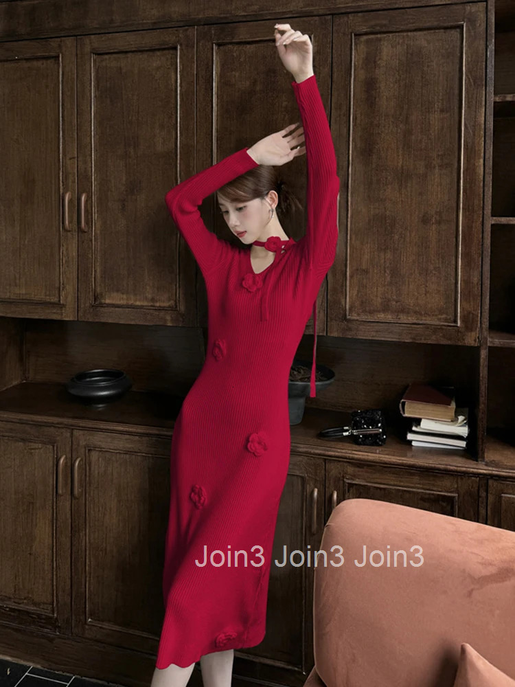 New Fashion Autumn Winter Floral Knitted Stretchy Dress Women Clothes Sweater Casual Solid V-Neck Skinny Midi Robe Mujer Vestido