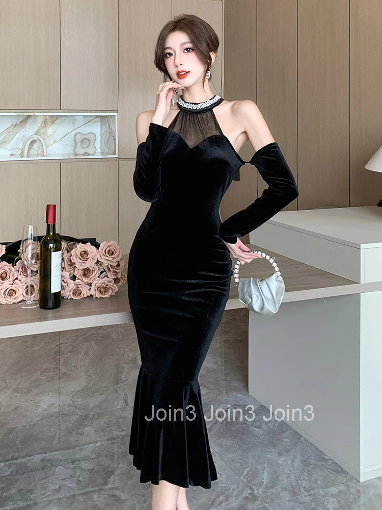New Fashion Black Velvet Evening Dress Women Clothes Elegant Sexy Off-Shoulder Skinny Midi Robe Party Club Prom Vestidos Fiesta
