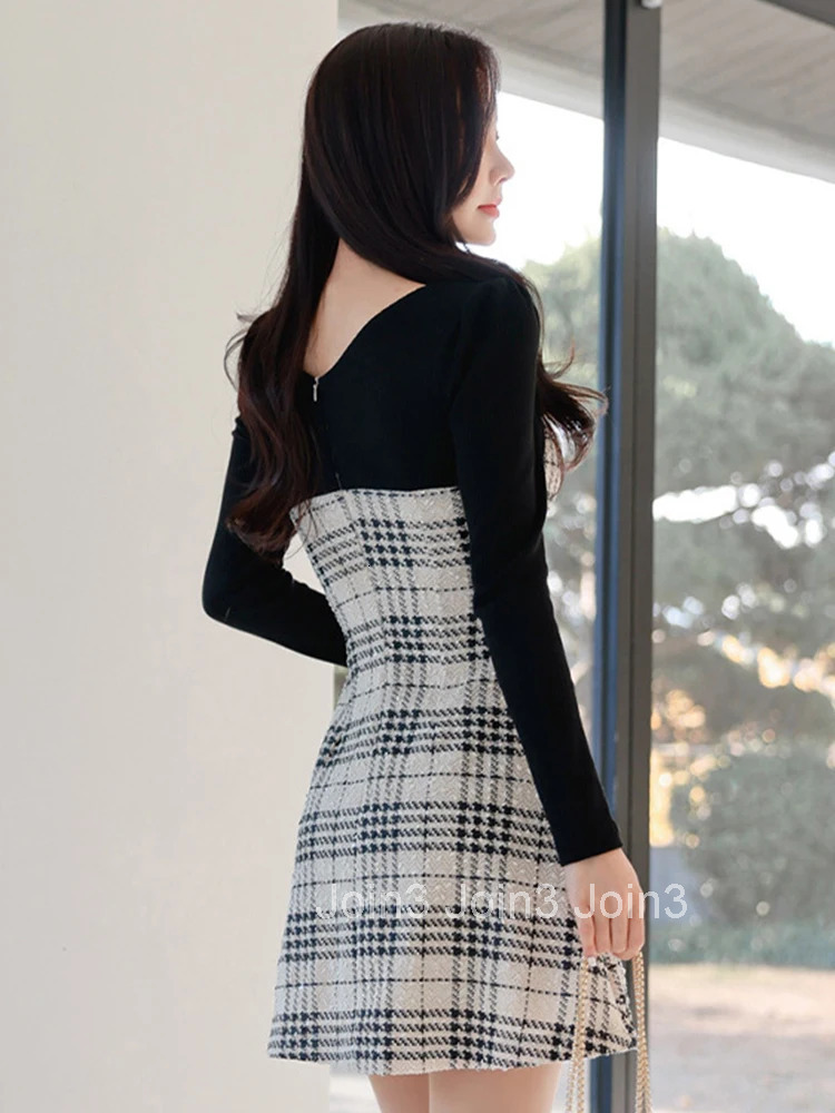 New Fashion Spring Autumn Fake 2-Piece Short A-Line Dress Ladies Women Elegant Square Collar Slim Mini Party Prom Mujer Vestidos