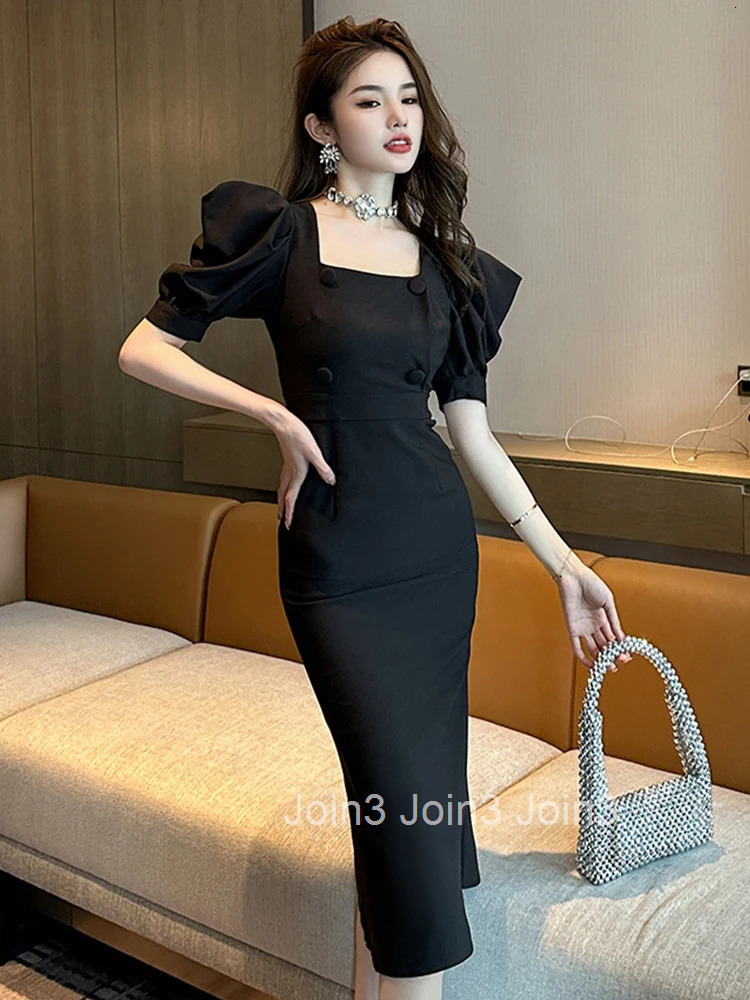 New Fashion Summer Women Evening Dress Retro Puff Sleeve Slim Midi Party Club Prom Robe Femme Mujer Vestido Fiesta Boda Invitada