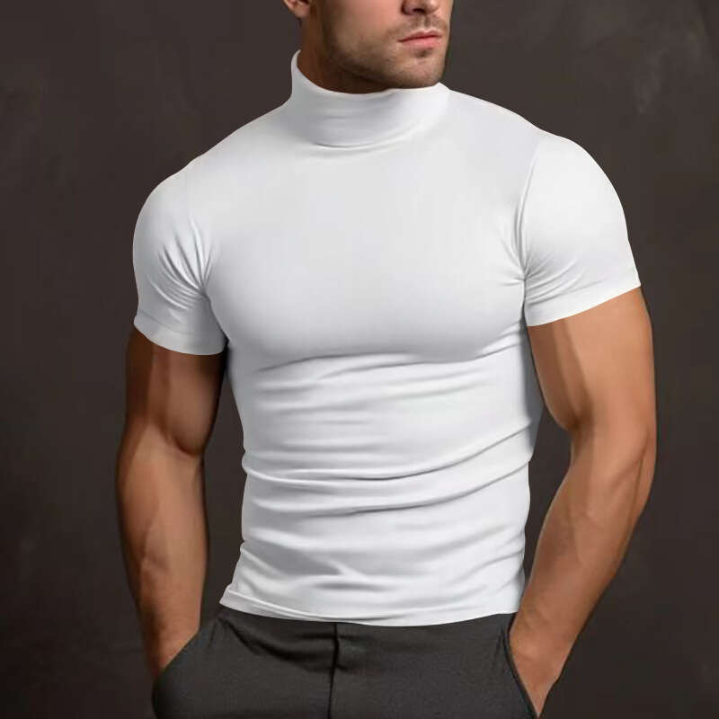 Cross-border In Stock 2024 Summer Solid Color Short Sleeve Fashion Base Shirt Men's Slim Fit High Neck T-shirt